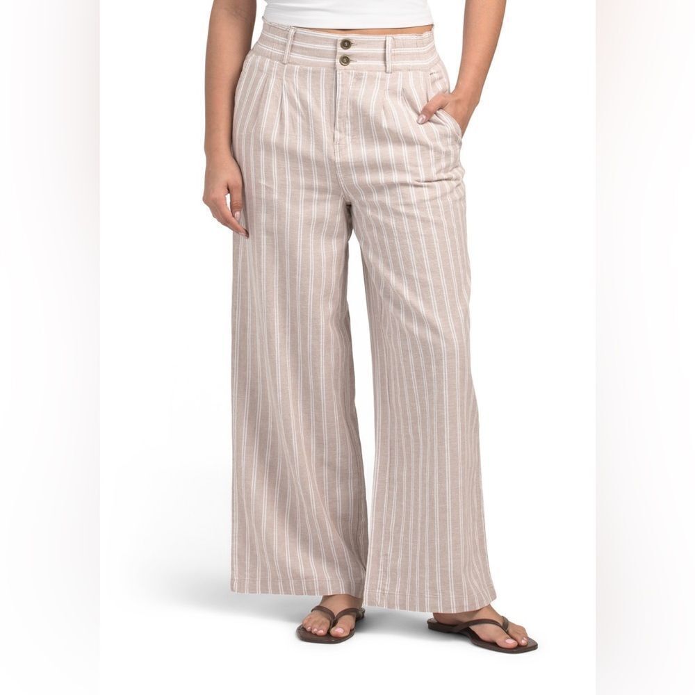FRYE XL Sand White Vertical Striped Linen/Cotton High Waist Wide Leg Pants